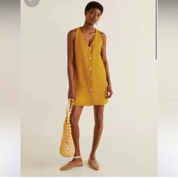 Mango Mustard Knit Mini Dress | Size M (6) | NWT | Button-Front Sundress - Picture 1 of 12